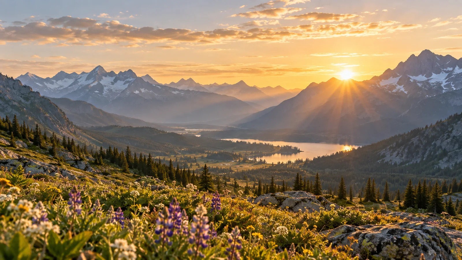 PLATZHALTER – Berglandschaft mit Wildblumen im Sonnenaufgang (KI-generiert)