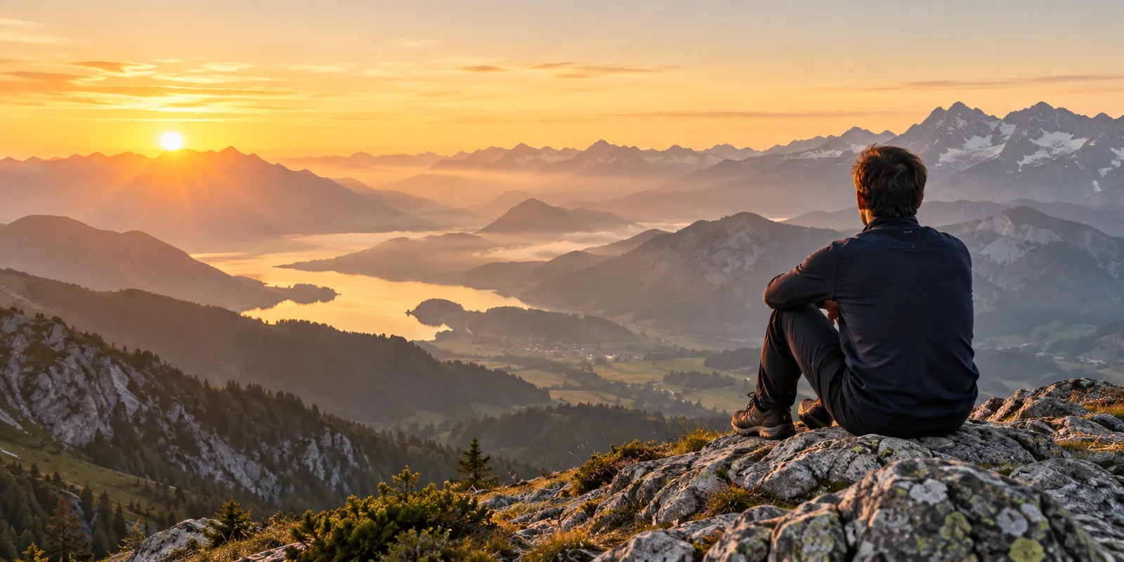 PLATZHALTER – Mensch am Aussichtspunkt über den Bergen (KI-generiert)